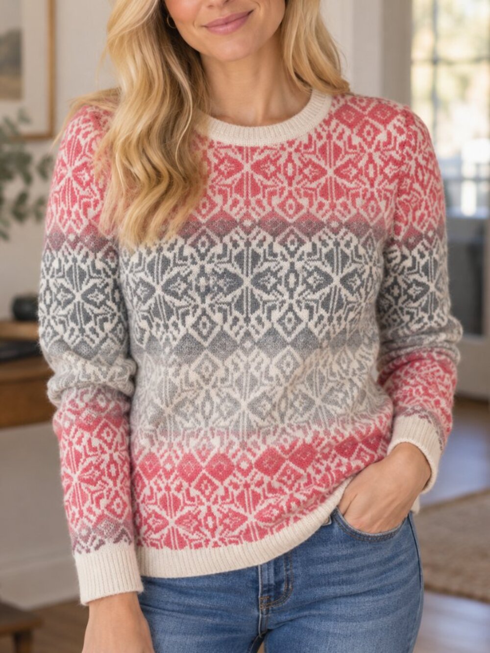 Talbots Fair Isle Lambswool Blend Pink Grey Knit Sweater Medium Crewneck Cozy
